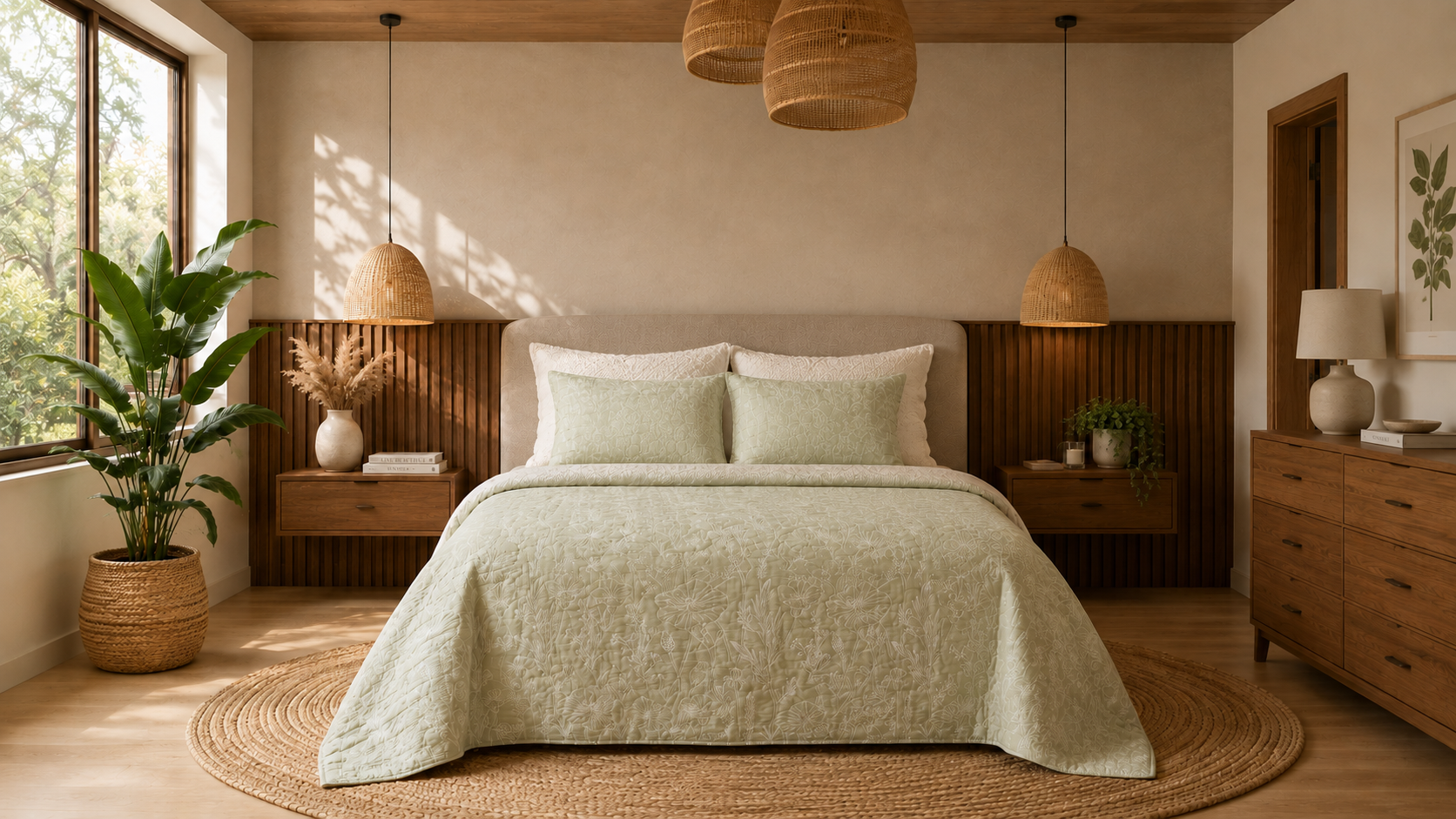 Alcoba decorada con ropa de cama en tonos verde y beige, Colección Raíces La Mia Stanza