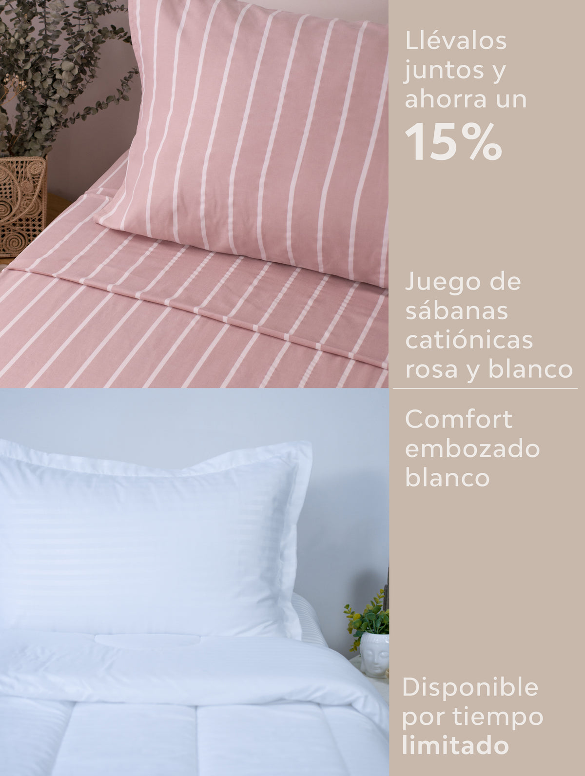 Juego de sábana catiónica + comfort embozado blanco