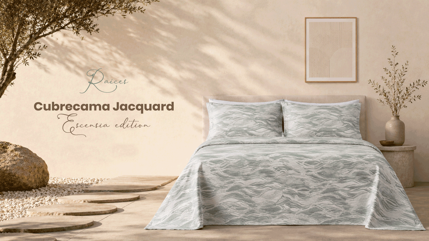 Cama matrimonial con cubrecama jacquard verde sage texturizado, Colección Raíces La Mia Stanza