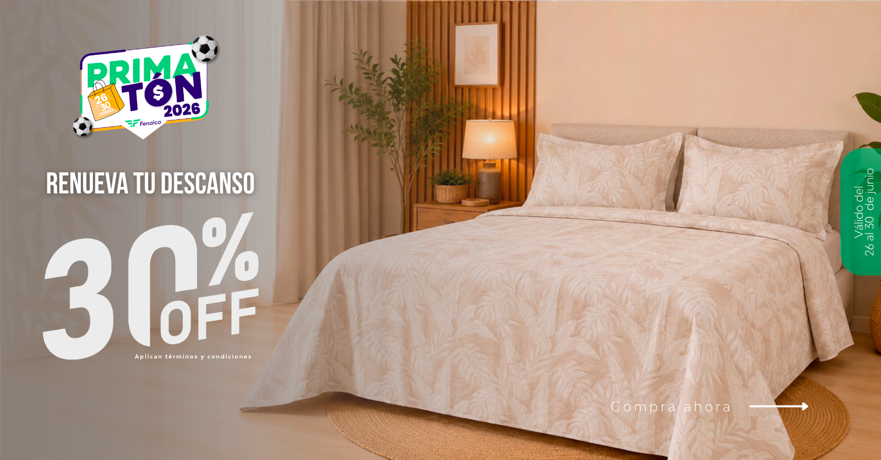 Cama con cubrecama beige estampado, banner promoción Primatón 30% descuento La Mia Stanza
