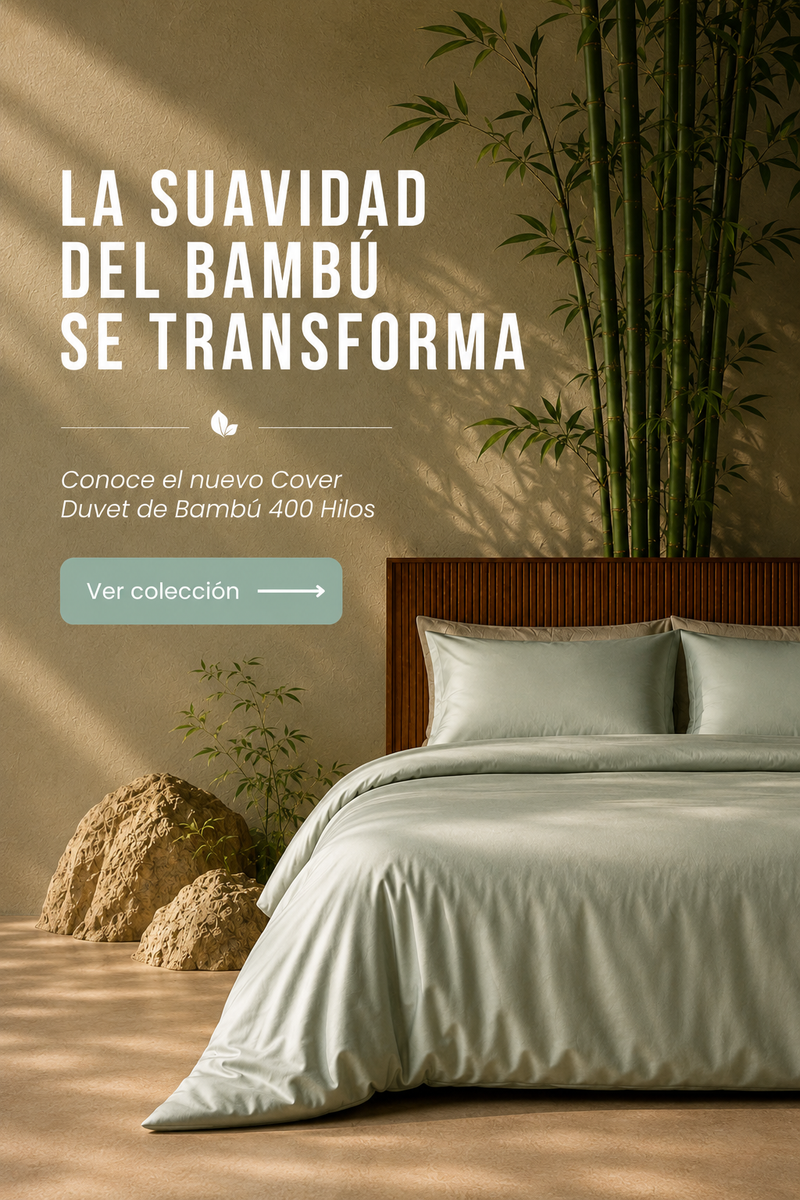 Cover Duvet de Bambú 400 Hilos de La Mía Stanza en color verde menta sobre cama estilo Japandi con decoración inspirada en bambú.