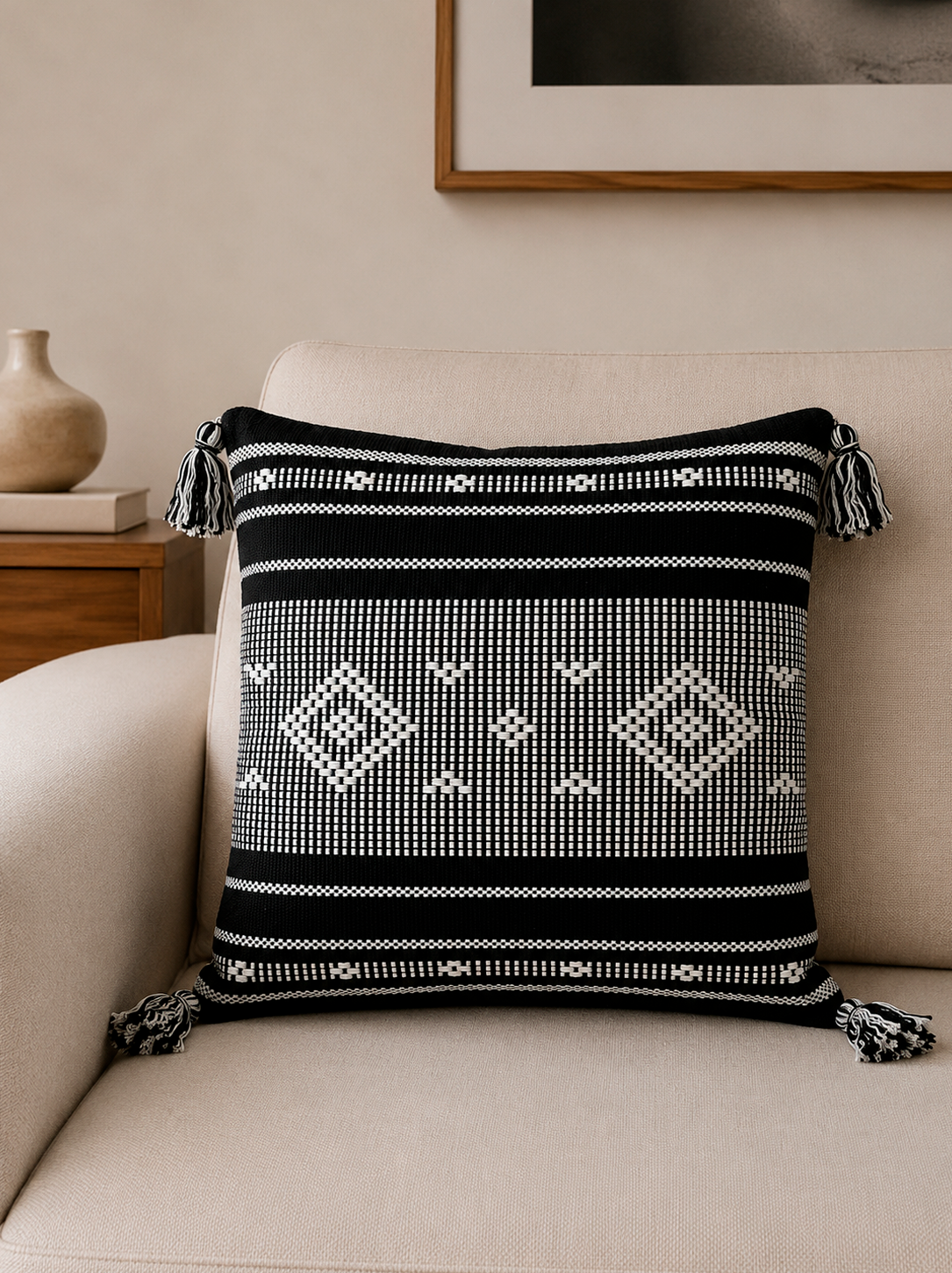 Cojín decorativo Étnico Noir de 40 x 40 cm con patrón artesanal en tonos negro y blanco.