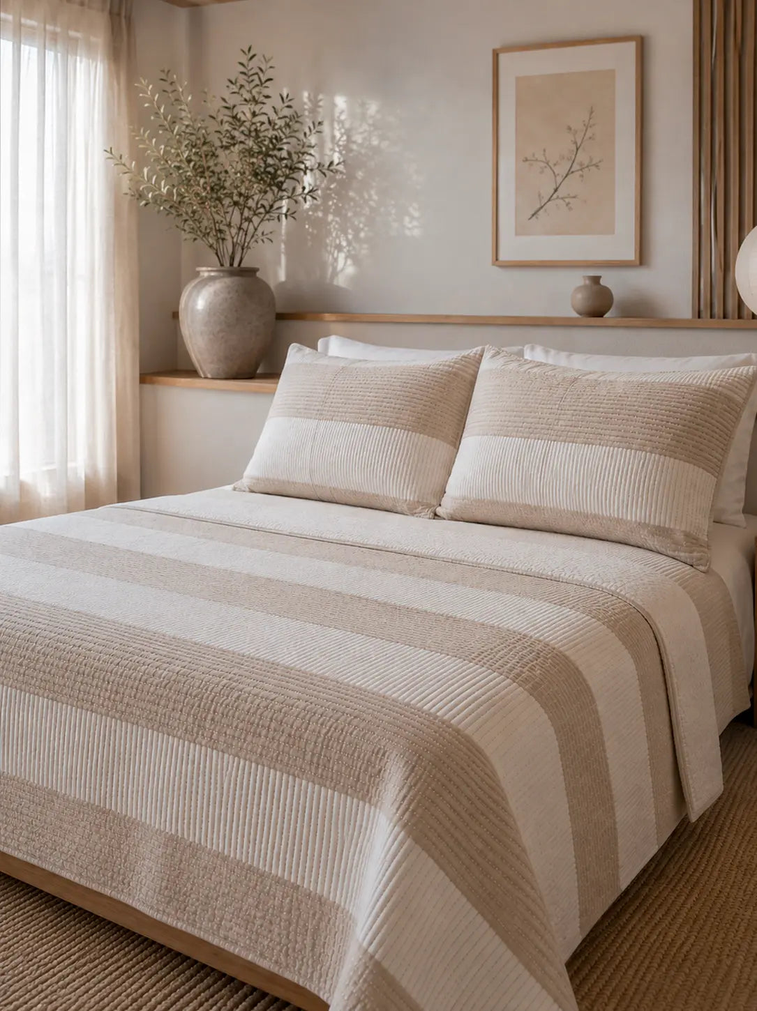 Cubrecama Jacquard Amalfi rosa y blanco ambientada en habitación con luz natural