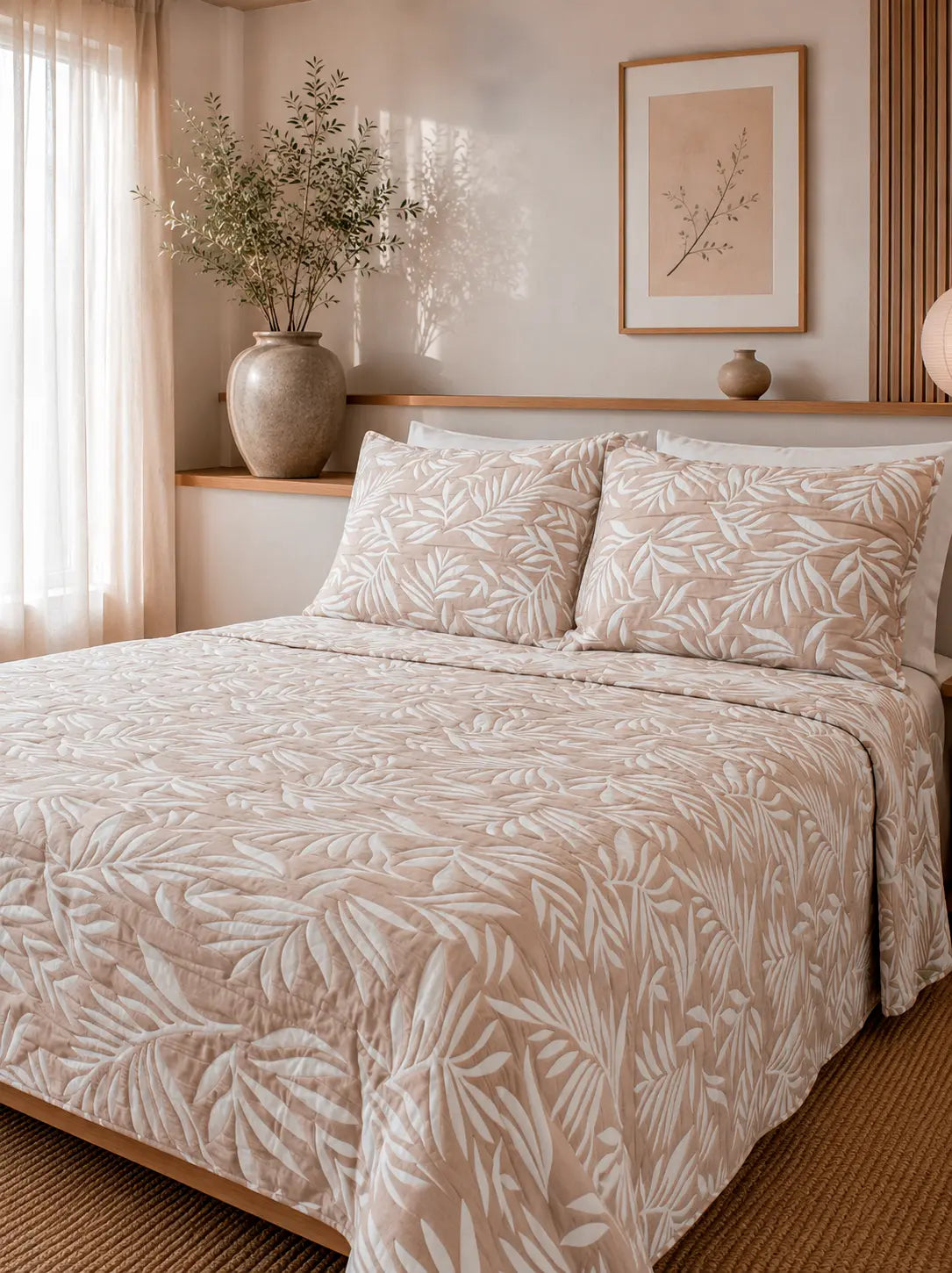 Cubrecama Jacquard Sienna ambientada en habitación con decoración cálida y luz natural