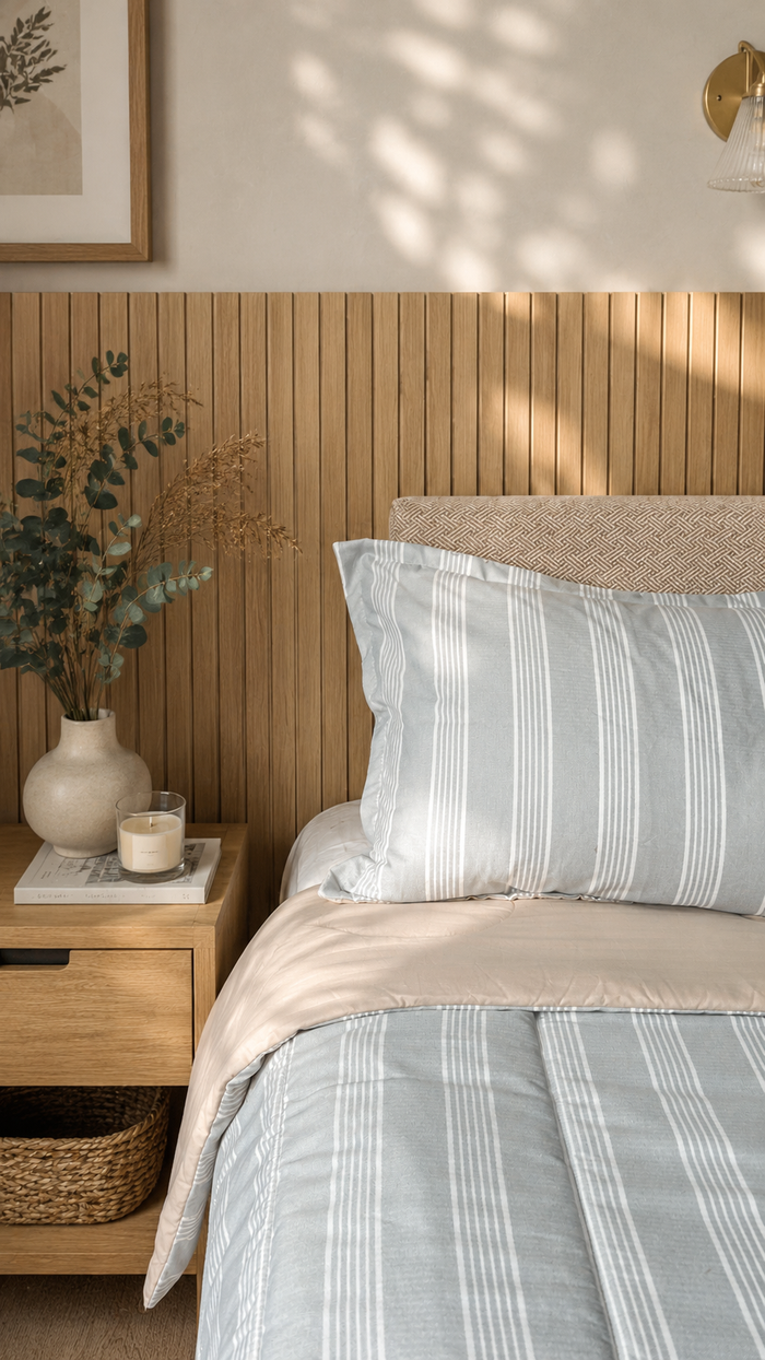 Habitación minimalista con almohadas texturizadas y ropa de cama natural, Colección Raíces