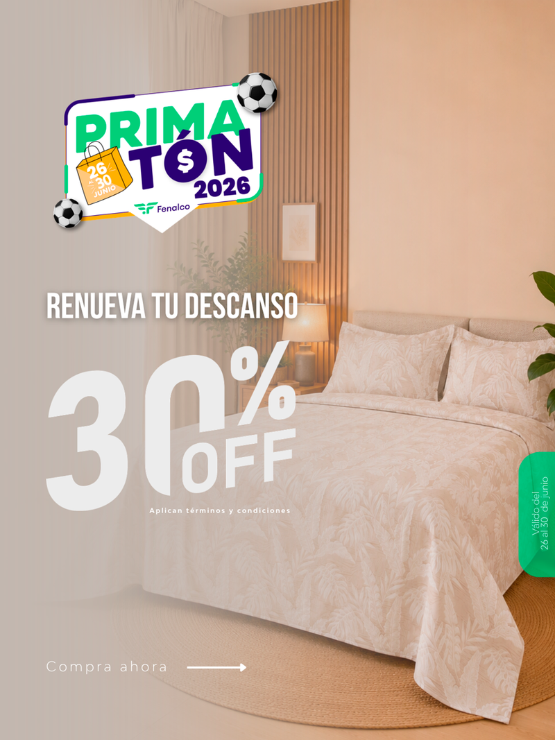 Cama con cubrecama beige estampado, banner promoción Primatón 30% descuento La Mia Stanza