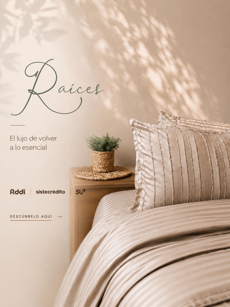 Colección Raíces versión móvil – ropa de cama de lujo natural en tonos beige y lino, almohadas decorativas texturizadas, ambiente minimalista nórdico, financiación con Addi, Sistecrédito y SU+