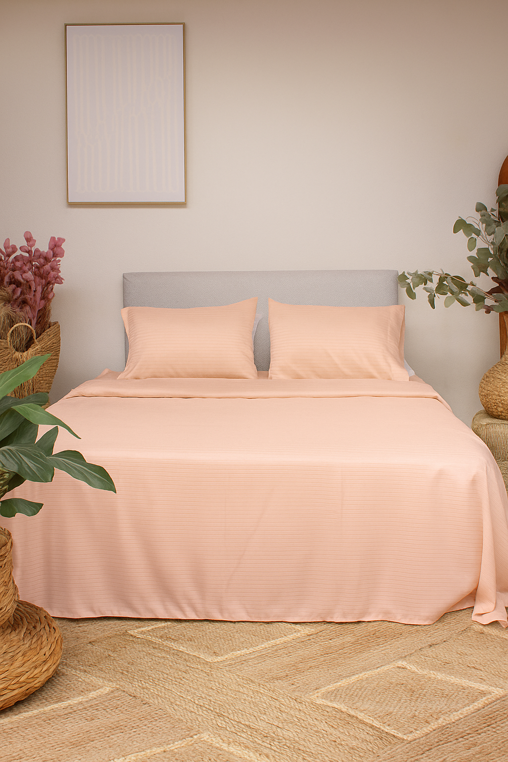 Juego de Sábanas Dobby Latte Rosé – Raya Delgada